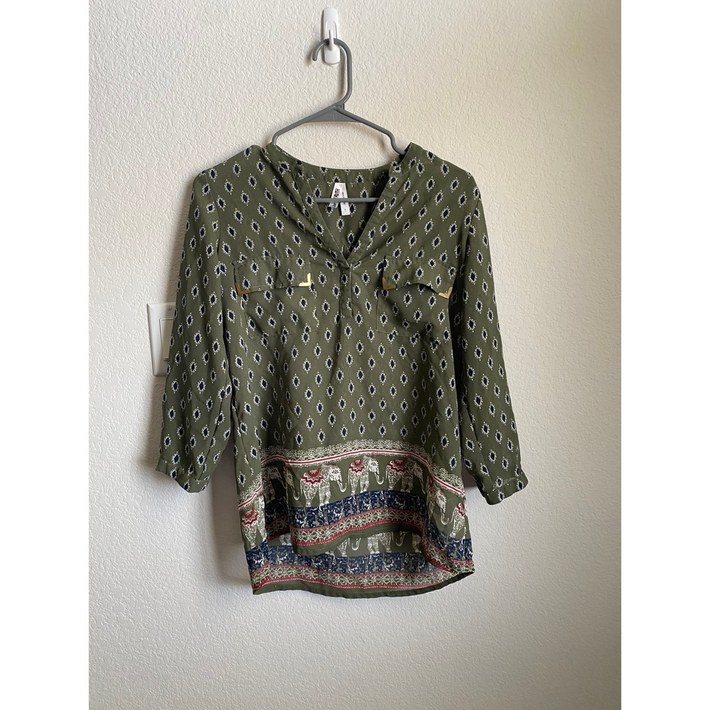 Live 4 Truth Women Elephant Print Boho Tunic Top Size S Green Tribal Ethnic